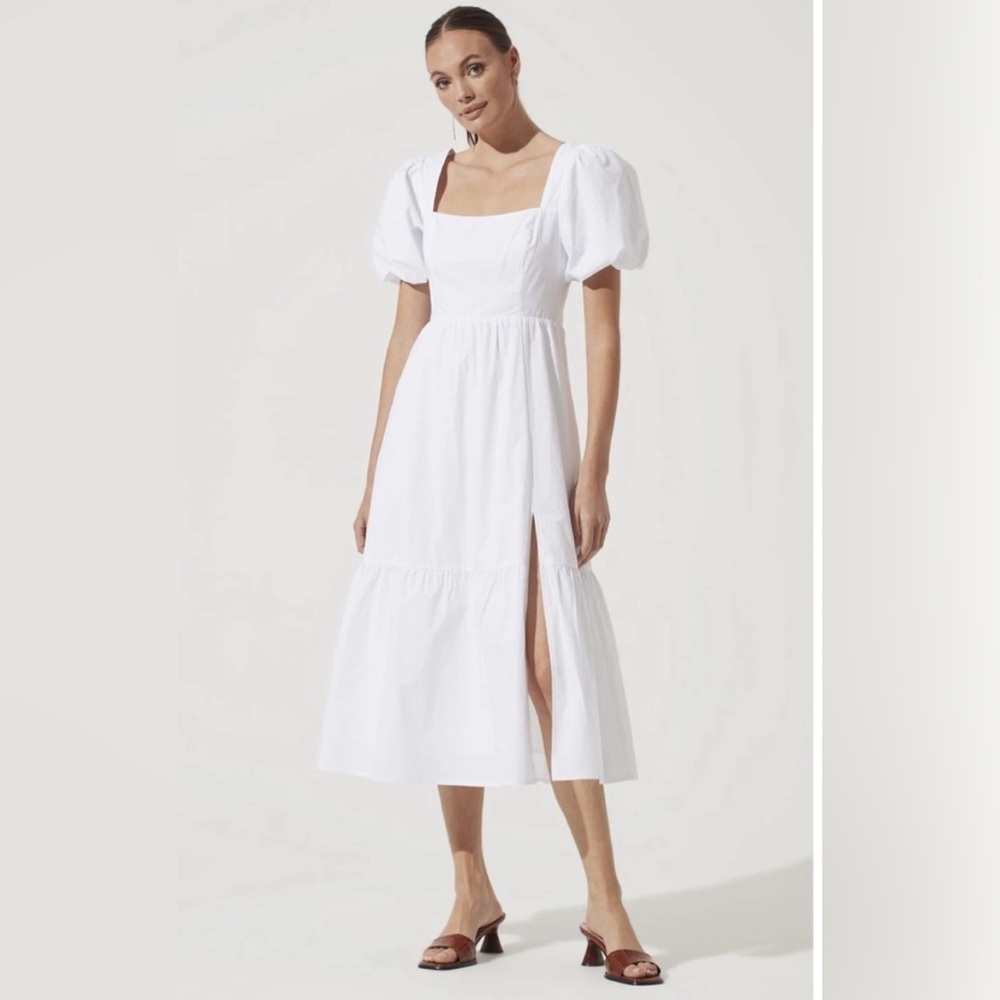 ASTR the Label Poplin Tiered Midi Dress white puff sleeves size M